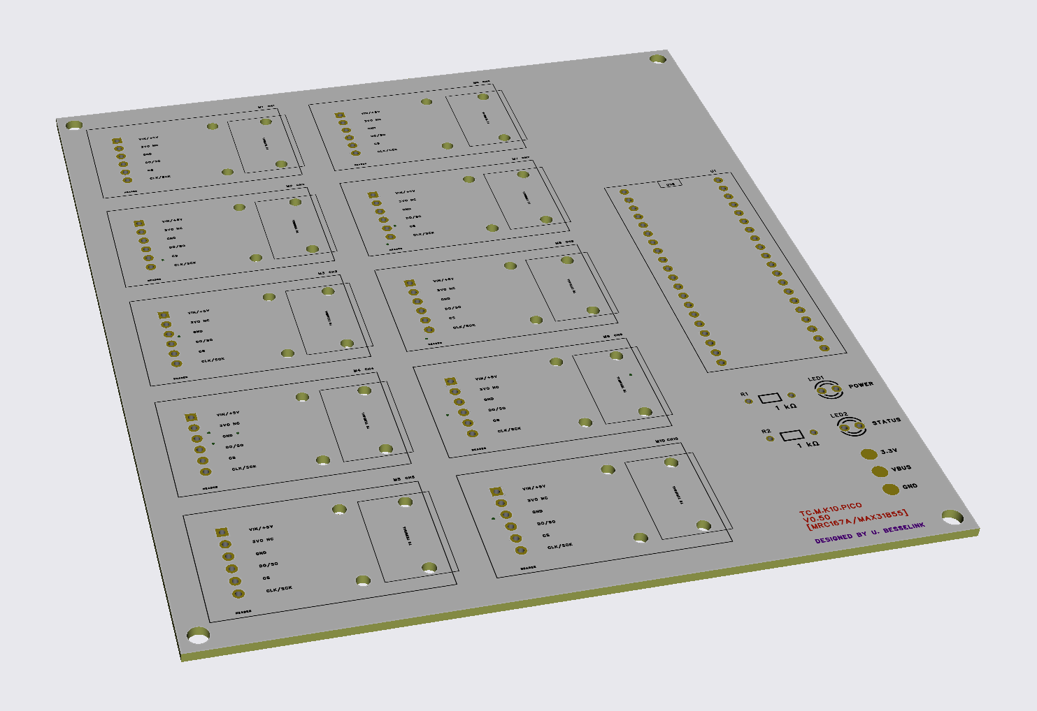 Three-dimensional board view of the TC.M.K10.PICO ten-channel MAX31855 temperature sensor module